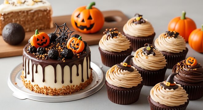 Delicious chocolate drip cake decorated with cute orange jack o lantern pumpkins and spooky spider webs on transparent background