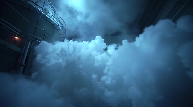 Steam released from a reactor valve, dense vapor clouds expanding in slow motion, dramatic industrial lighting, cinematic perspective, capturing power, scale, and atmospheric tension.