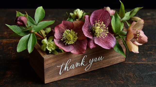 Wood box holds a "Thank you" note and hellebore blooms.