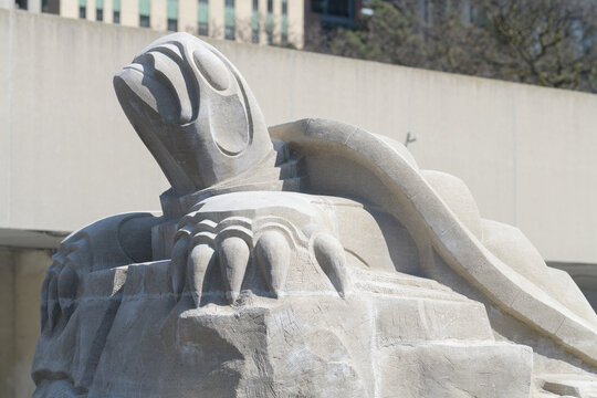 close-up of turtle sculpture created by Anishinaabe artist Solomon King at Spirit Garden, City Hall, Nathan Phillips Square, Toronto