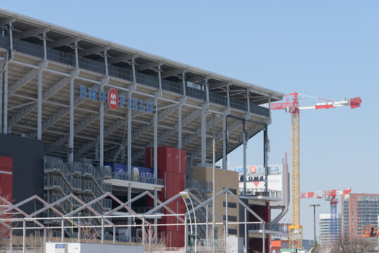 view of BMO Field, a stadium, located at 170 Princes' Blvd, Exhibition Place, Toronto - east elevation with preparations for FIFA World Cup 2026