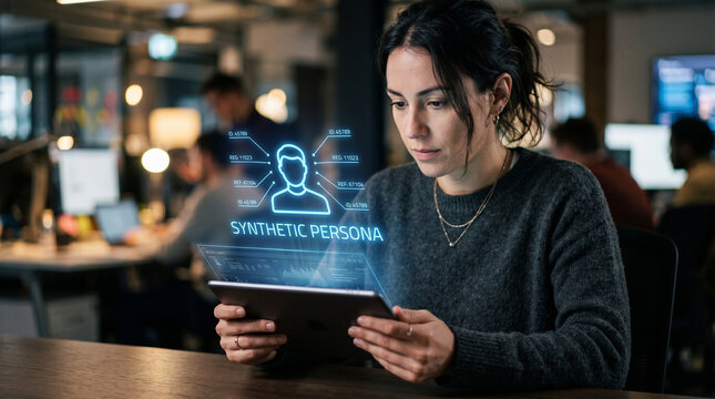 Synthetic identity fraud woman using tablet in office, focused face with digital screen overlay