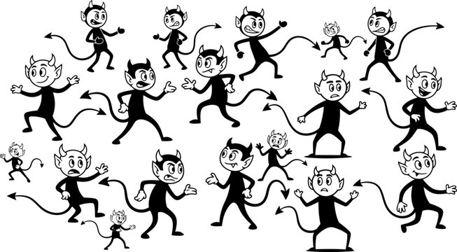 Devil icons, cartoon demons, black vector illustrations, evil characters, devilish designs