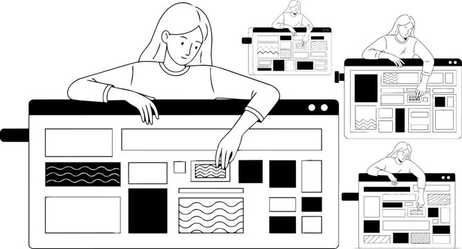 Wireframe, Website Design, Web Page Mockup, Black and White Vector Illustration