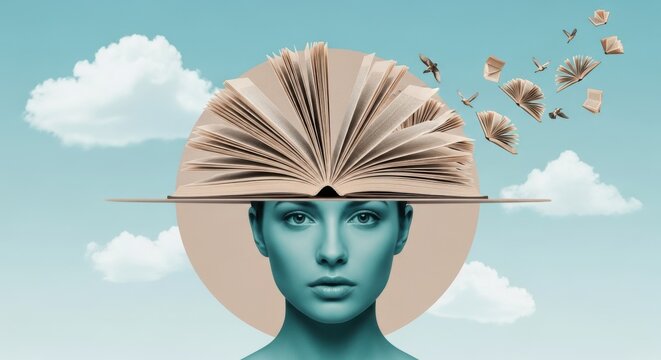 Surreal portrait shows a woman with an open book as a hat and pages transforming into birds.