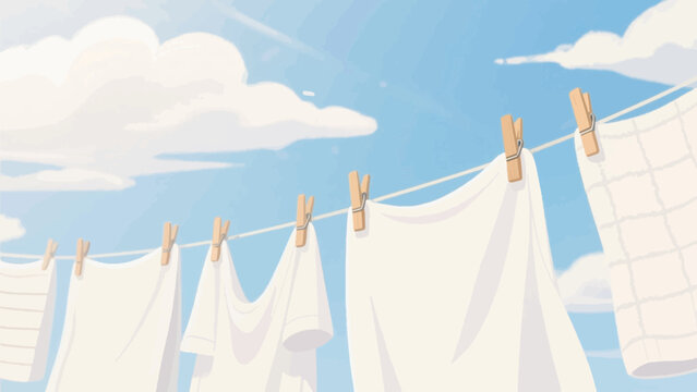 White clothes hanging on a clothesline in the meadow under blue sky
