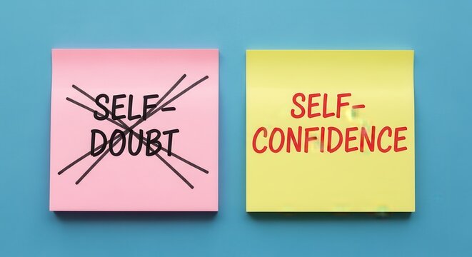 Pink and yellow sticky notes compare the concepts of self-doubt and self-confidence on a blue surface.