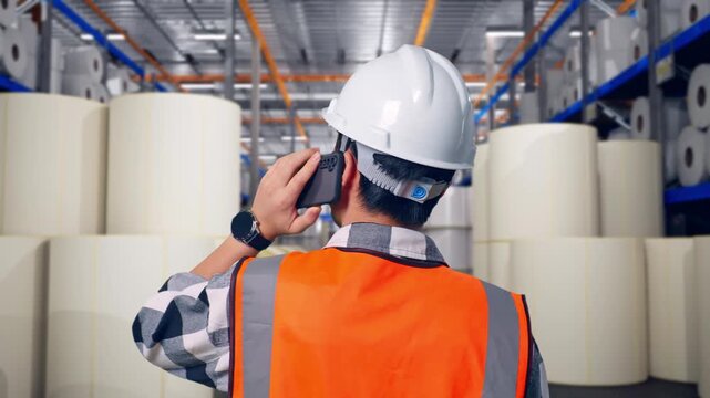 Close Up Back View Of Asian Male Engineer With Safety Helmet Talking On Smartphone While Standing at Warehouse with Rows of Stacked White Polymer and Paper Rolls