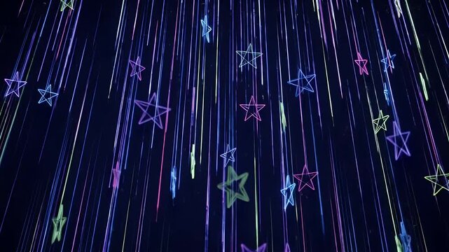 A dark background features wireframe neon stars falling vertically with colorful light streaks. The glowing shapes create a mesmerizing and vibrant rain-like effect.