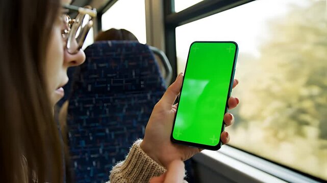 Woman holding a green screen smartphone on a bus with passing scenery.