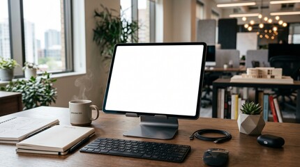 Fototapeta premium Tablet Mockup with Blank Screen in Office Workspace