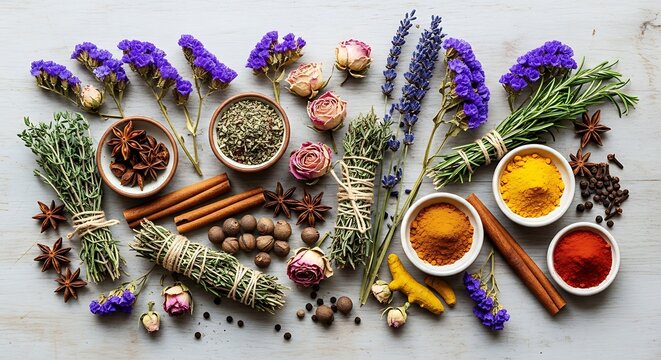Assortment of vibrant herbs and spices for cooking and wellness.