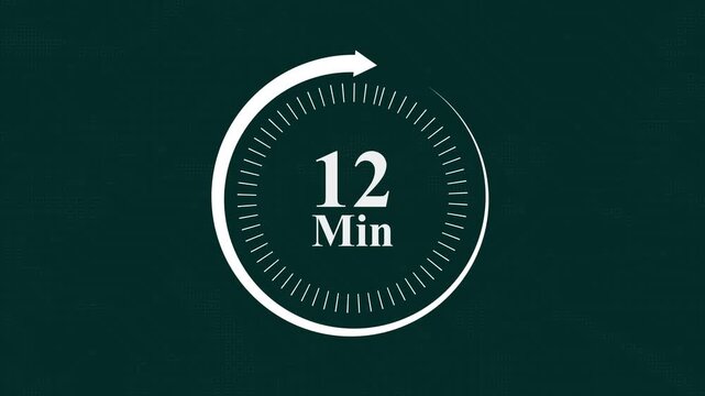 Twelve minute countdown timer digital clock animation with circular progress bar indicator on dark green tech background for time management
