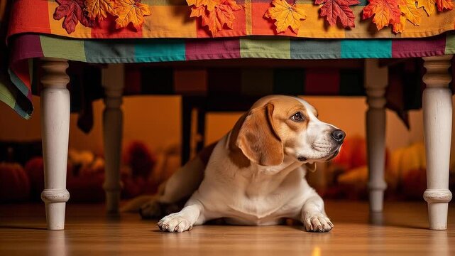Beagle dog lying under table with colorful autumn tablecloth  