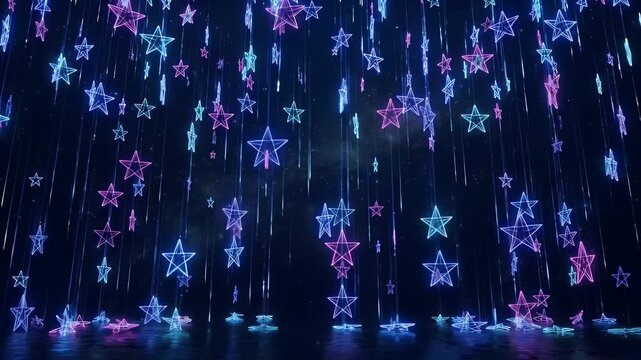 The video shows neon wireframe stars falling continuously from a dark background. The stars are colored in blue, pink, and teal, creating a vibrant and futuristic effect.