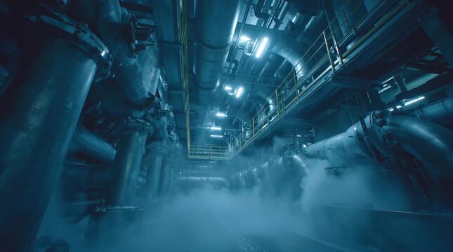 Inside a nuclear reactor cooling system, water flows rapidly through complex pipes, with condensation and vapor particles, illuminated by blue industrial lighting, cinematic, ultra-detailed textures.