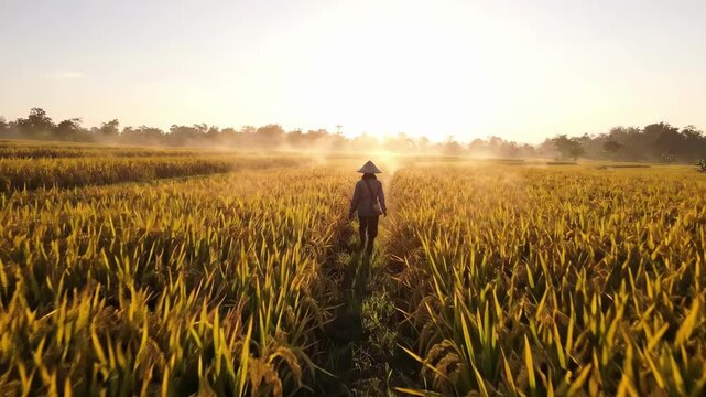 Back view of a farmer in a conical hat walking through a golden rice field at sunrise with morning mist