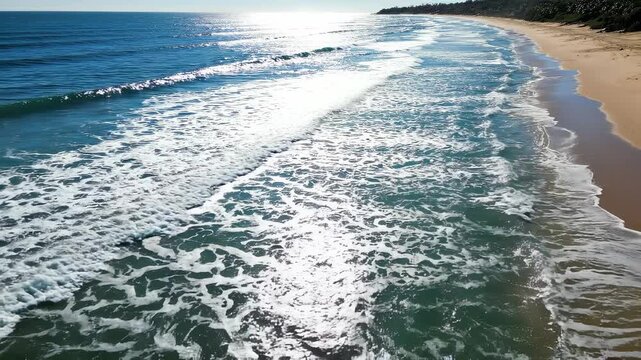 Drone footage capturing serene ocean waves gently lapping against a sandy beach under bright sunlight
