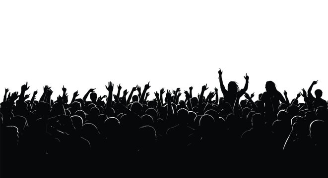 Enthusiastic silhouetted crowd with hands raised in celebration at an exciting concert or event.