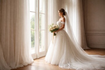 Fototapeta premium Luxury wedding campaign capturing an elegant bride in romantic natural light, blending cinematic storytelling, refined fashion editorial style, and timeless emotional moments in a high-end, dreamy atm