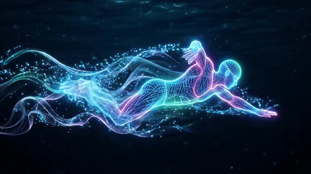 A digital depiction of a swimmer is shown, with a neon wireframe body and fluid light waves emanating behind them. The swimmer is in motion against a dark background.