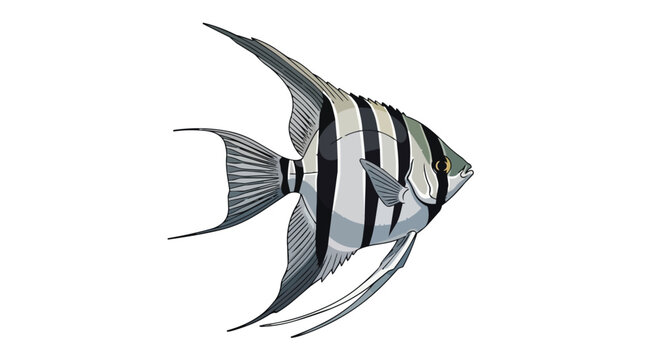 Freshwater Angelfish Illustration with Black Stripes and Long Fins Isolated on White Background