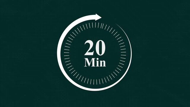 Twenty minute timer countdown clock animation with circular progress bar on dark digital circuit board background for time management productivity