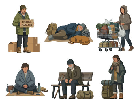 Diverse Homeless People Character Set Illustrations, Social Awareness Graphics Featuring Individuals Facing Poverty and Housing Insecurity