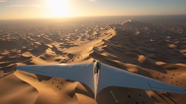 Cinematic aerial footage from behind a light aircraft cruising above vast desert dunes in warm sunset light, showing rippled sand patterns and long shadows
