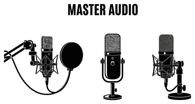 Microphone collection in vector silhouette style for audio production