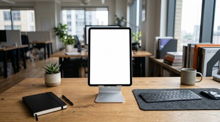 Naklejka premium Tablet Mockup with Blank Screen in Office Workspace