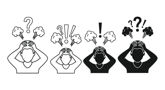 Four stylized figures show stress and confusion with question marks and exclamation points