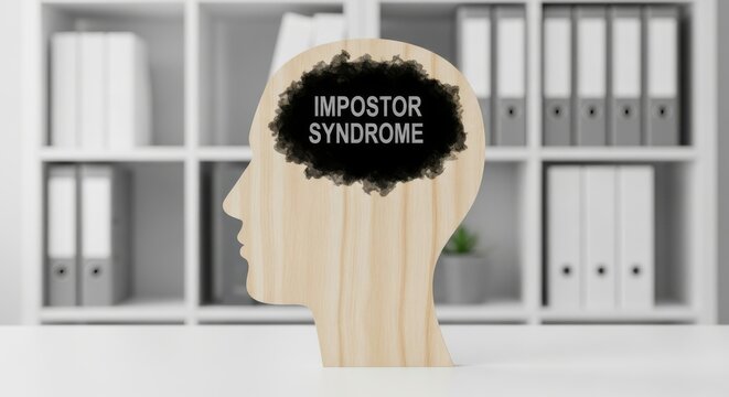 Wooden head silhouette depicts the concept of impostor syndrome with a dark cloud of negative thoughts inside.