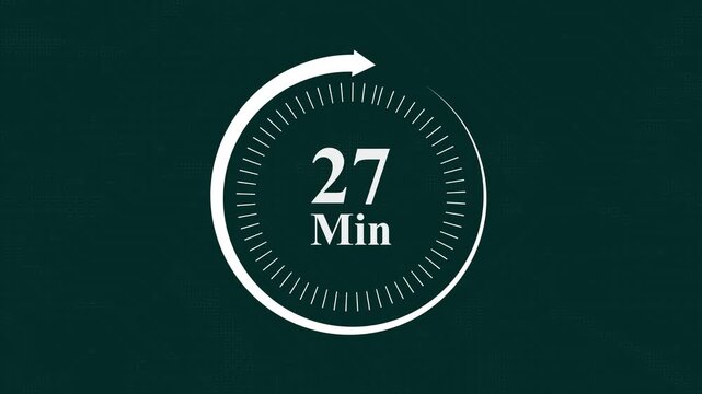 27 minute countdown timer digital clock interface with circular progress bar animation on dark green circuit board background for time management