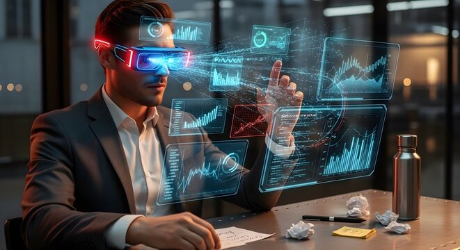 Professional man using holographic augmented reality AR glasses to interact with futuristic data visualizations and charts in office