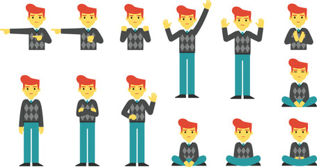 Fototapeta premium Cartoon Businessman Character Vector Set with Different Poses and Gestures for Office Illustration, Presentation Design, Animation Assets, and Corporate Communication Projects.
