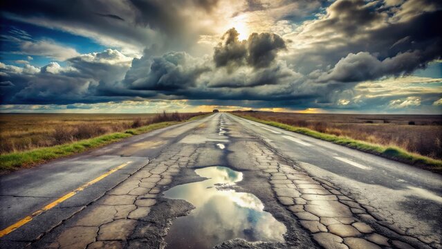 A desolate, cracked asphalt road stretches into the horizon under a dramatic, cloudy sky, reflecting the sunset in its numerous potholes