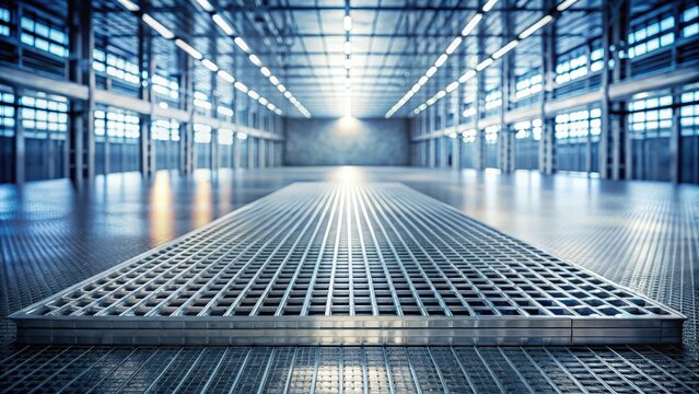 Modern industrial warehouse interior with a metallic grating floor and a perspective view towards a bright end