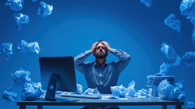 ストライプシャツの男性が頭を抱えているデスクの上に紙くずが散らばっている。仕事のストレスや困難な状況を表現したビジネスシーンのイメージ