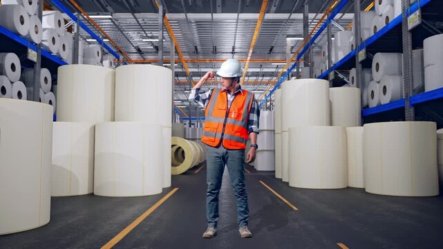 Full Body Of Asian Male Engineer With Safety Helmet Flexing His Bicep And Smiling To Camera While Standing at Warehouse with Rows of Stacked White Polymer and Paper Rolls