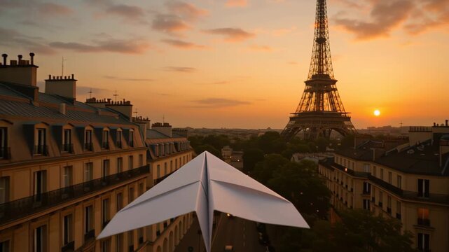 Cinematic travel footage of a white paper airplane gliding above classic Paris rooftops toward the Eiffel Tower at golden hour, with warm sky and city lights