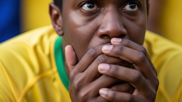 Brazilian fan anxiously holds his face and mouth in suspense during a World Cup match