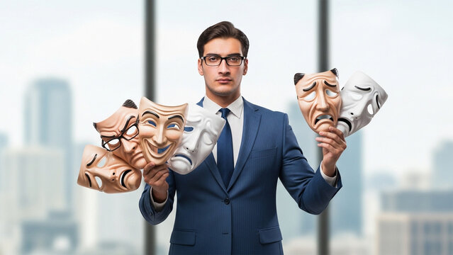 Hypocrisy and deception concept with businessman holding multiple masks, corporate professional hiding true identity, emotional duality in business