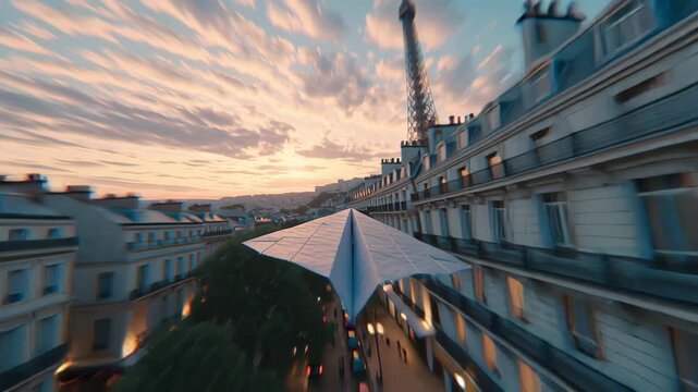 Dynamic aerial footage flying above Parisian rooftops and a modern canopy structure at golden hour, with the Eiffel Tower visible in the distance under dramatic clouds