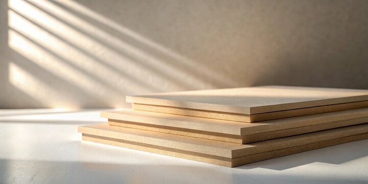 Stack of Light Brown Rectangular Boards in Soft Sunlight on White Surface