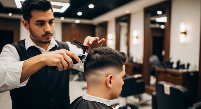 Professional male barber giving a fresh haircut to a client using electric clippers in a modern barbershop setting.