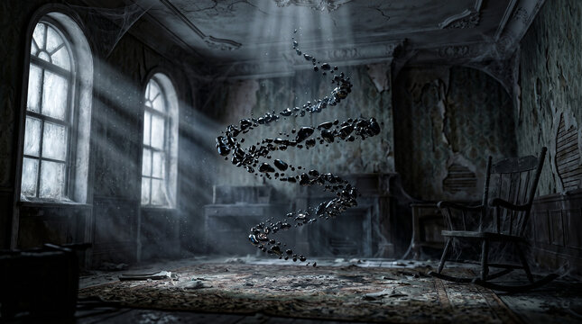 Surreal concept of a levitating vortex of black liquid metal drops in an abandoned room with sunbeams