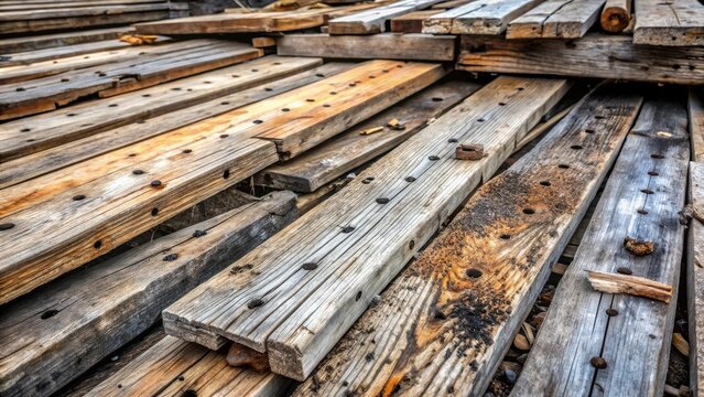 A weathered stack of aged wooden planks, showing texture, age, and the marks of time and use