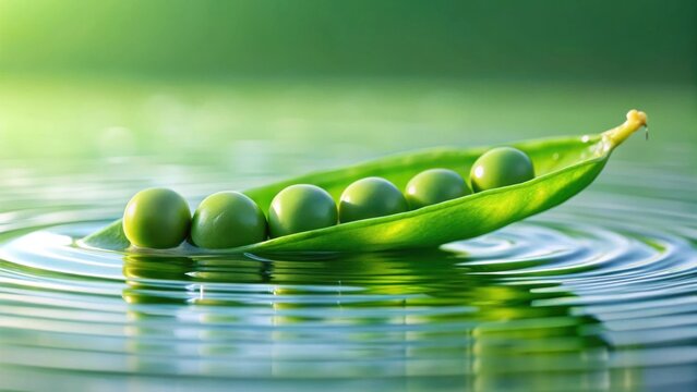 A vibrant green pea pod gracefully floats on tranquil water, carrying a precious cargo of plump, succulent peas; a serene image evoking freshness and natural beauty.