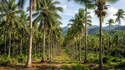 Fototapeta premium A breathtaking perspective of a tranquil, lush palm tree plantation stretching into the horizon under a clear sky